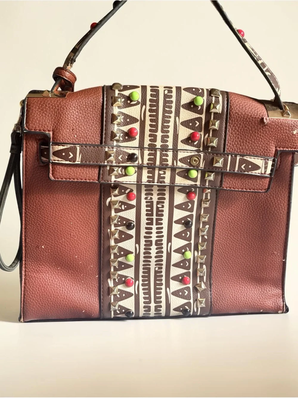 Boho Tribal Studded Leather Flap Satchel Top Handle Crossbody Bag - Multi-use